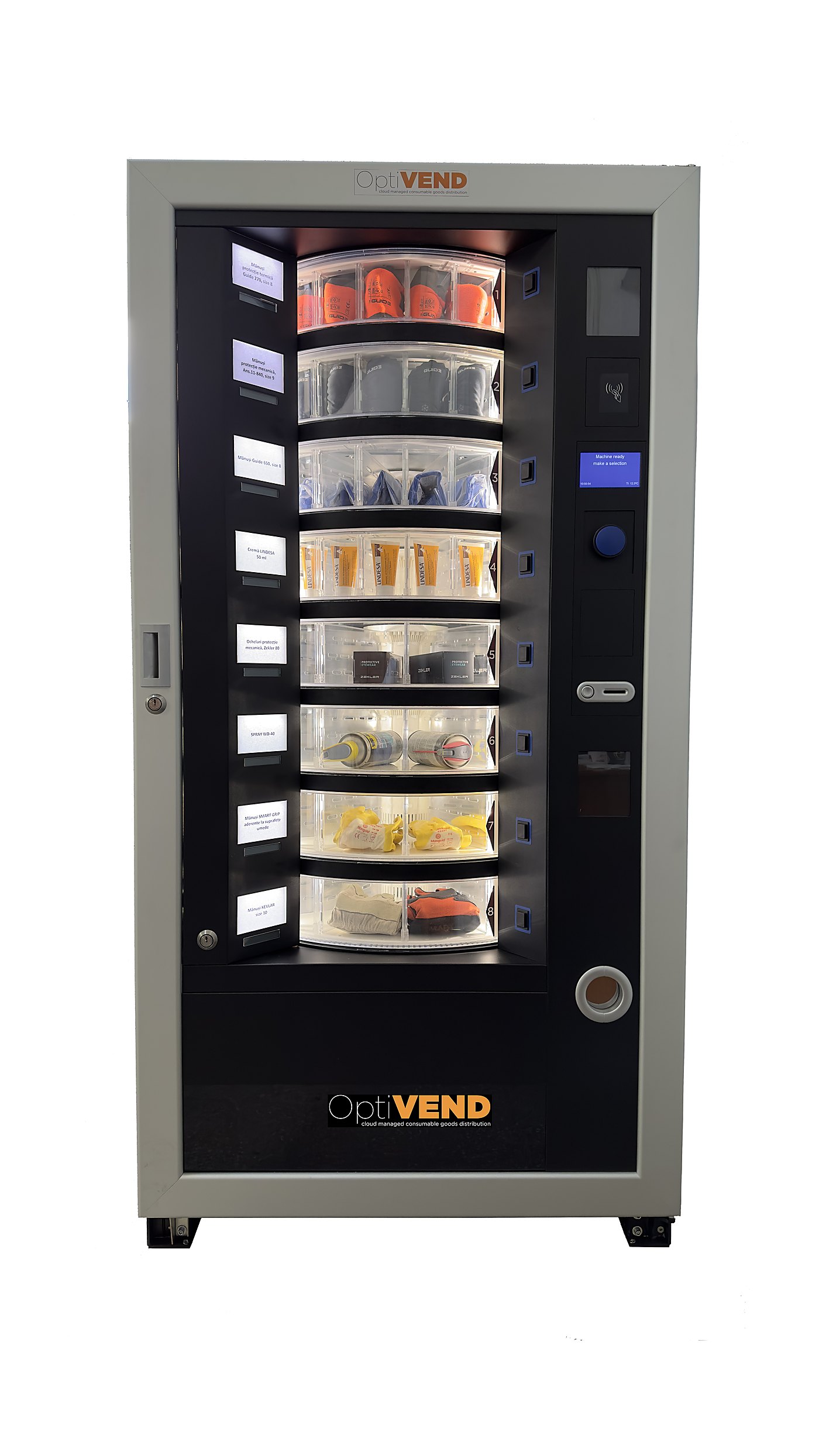 Automat vending industrial OptiVEND cu discuri pentru echipamente voluminoase și articole atipice — cu funcție de retur